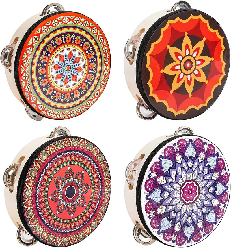 Youeon 4 Pack 6 Inch Colorful Tambourine with Single Row Jingles and Ribbons, Small Wooden Hand Held Drum, Percussion Gift, Tambourines for Adults, Dance, Photo Prop - Image 1